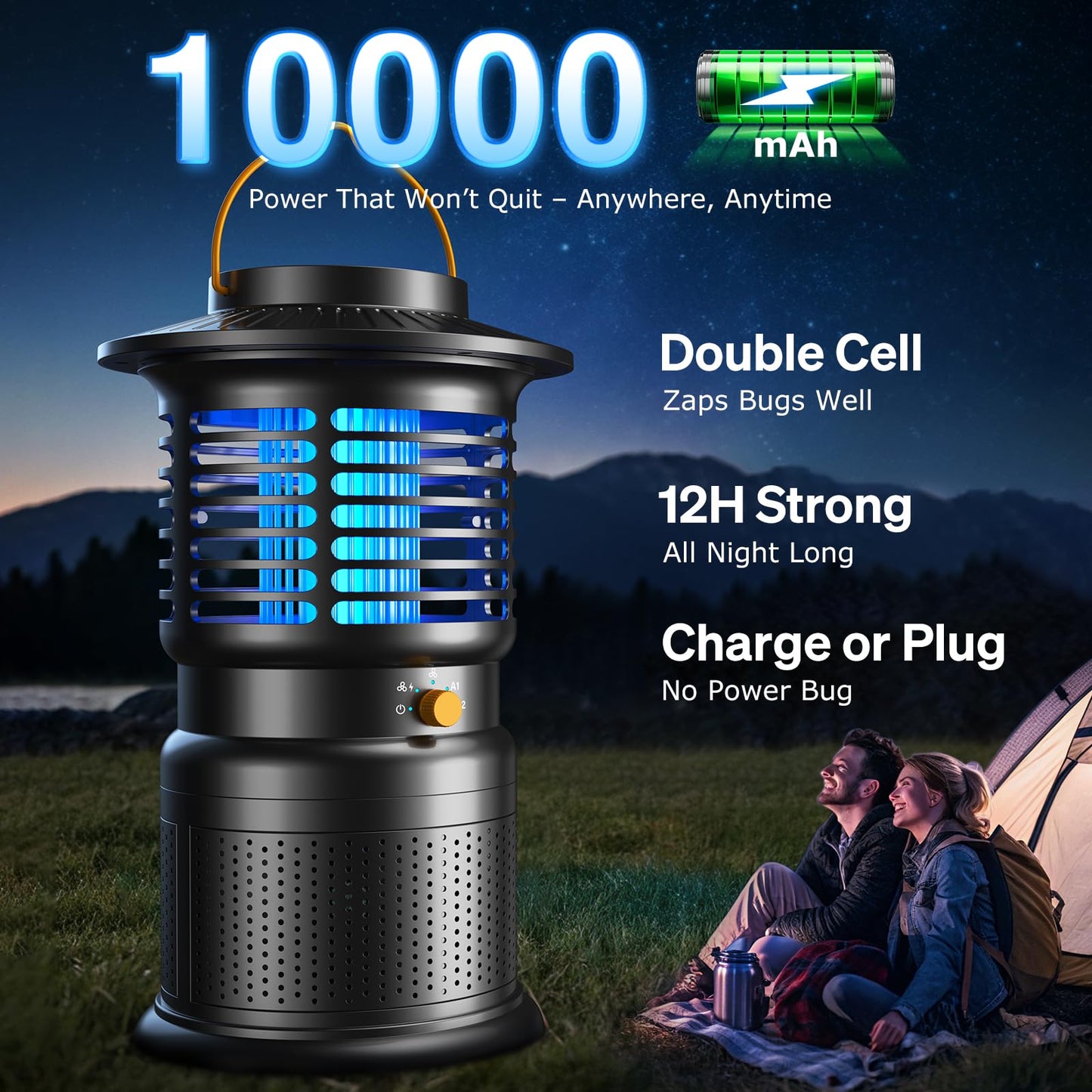 Bug Zapper Outdoor & Mosquito Trap, 4-in-1 Mosquito Zapper with Ultra-Quiet Suction, Rechargeable Fly Traps with 10,000mAh Long Battery Life, Auto On/Off Insect Zapper for Yard, Home, Camping, Black