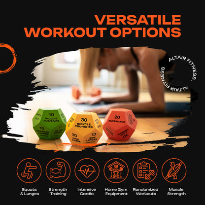 ALTAIR Fitness Dice - 3 12-Sided HIIT Workout Dice with 3 Levels of Difficulty for Adults, Teens & Kids, Motivational Accessories with Mesh Bag & Guide Book