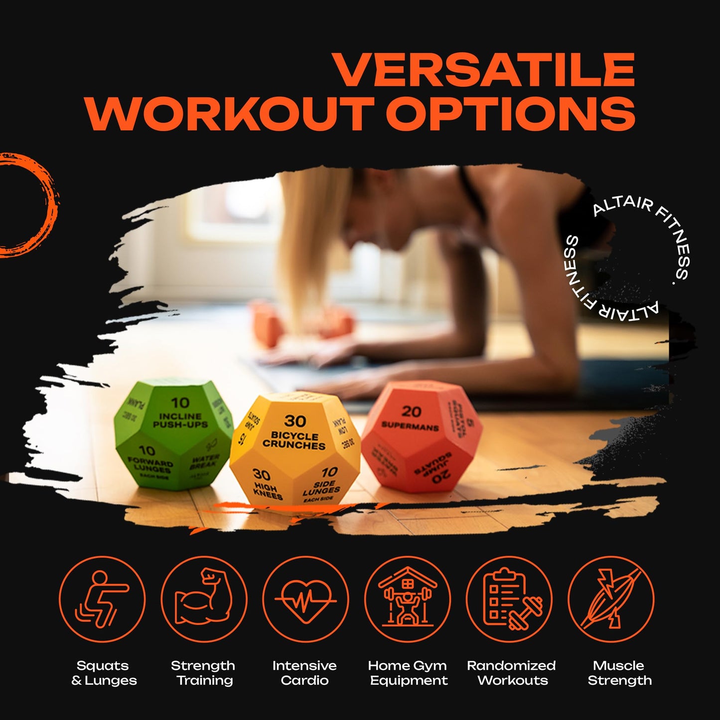 ALTAIR Fitness Dice - 3 12-Sided HIIT Workout Dice with 3 Levels of Difficulty for Adults, Teens & Kids, Motivational Accessories with Mesh Bag & Guide Book