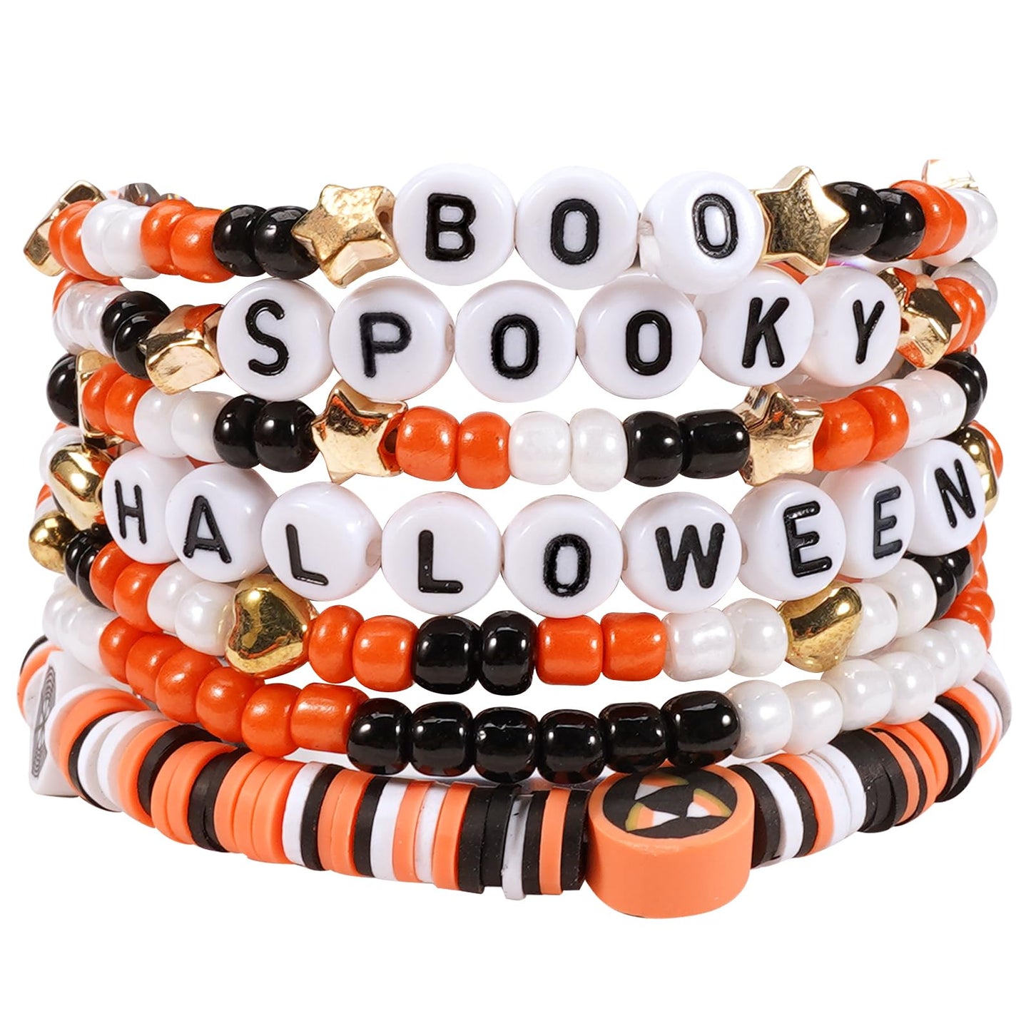 Ardorchid Halloween Bracelets for Women Spooky Boo Beaded Stackable Letter Bracelet Boho Clay Heishi Bracelets Halloween Party Jewelry