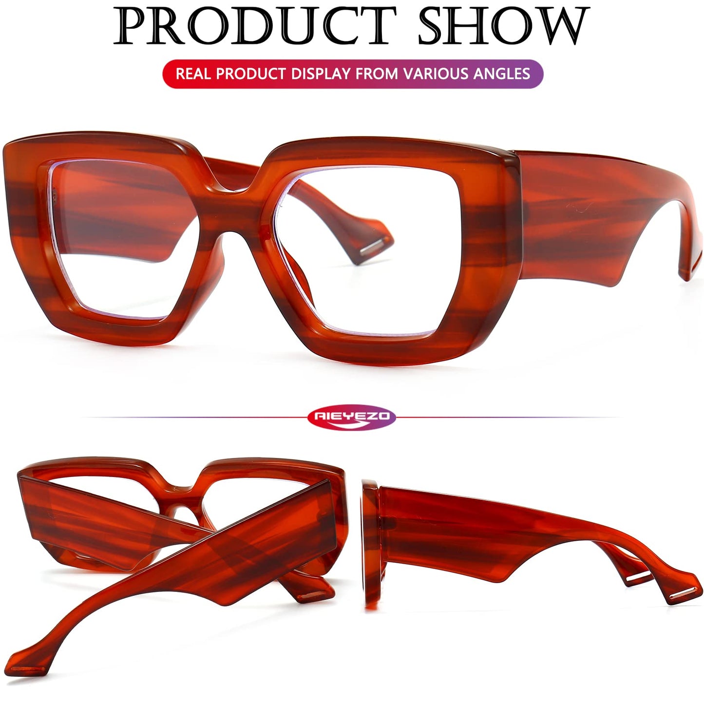 AIEYEZO Thick Frame Blue Light Glasses Men Women, Fashion Square Computer Eyeglass Anti Eyestrain & Prevent Headache (Amber)