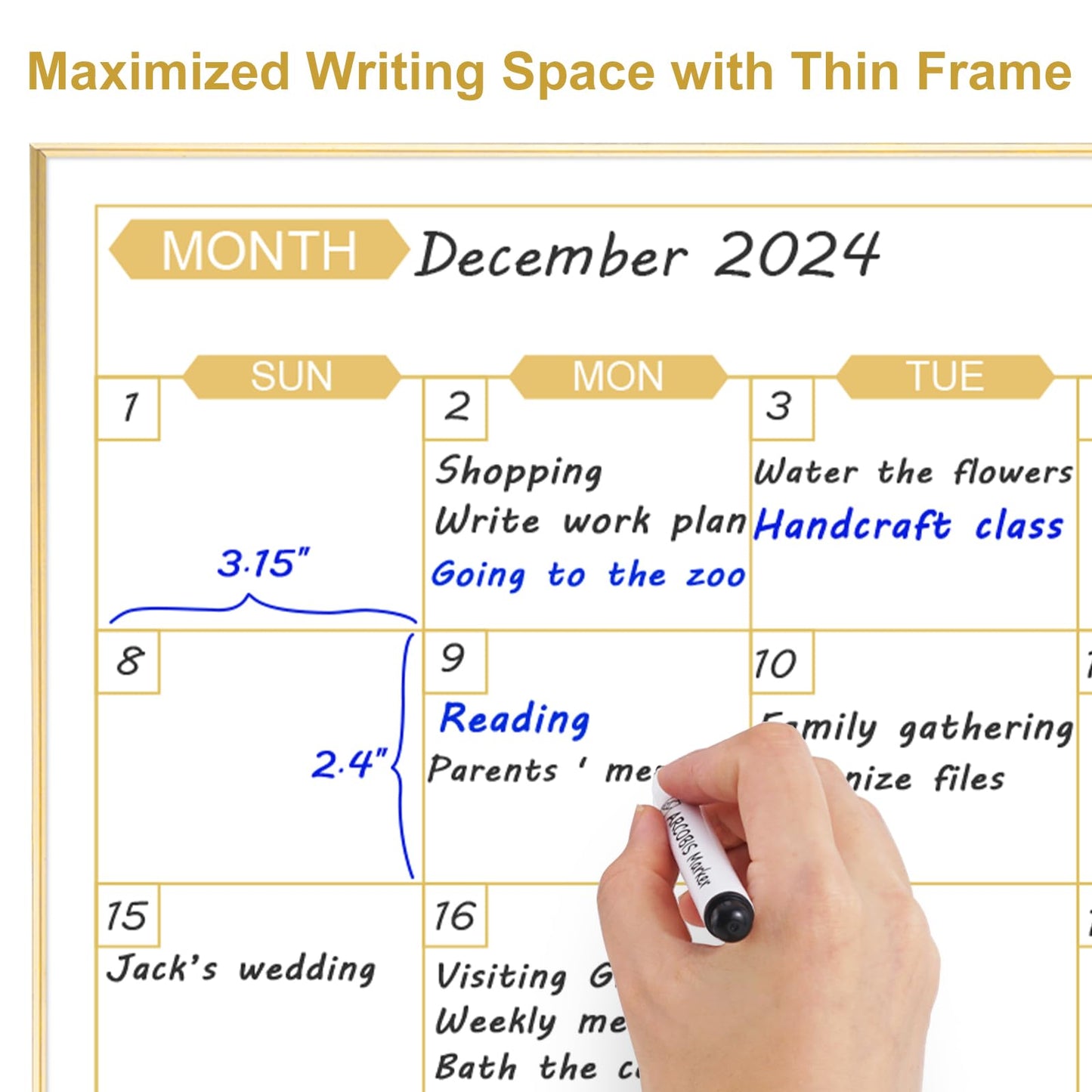 ARCOBIS Monthly Calendar Whiteboard for Wall, 24" x 18" Magnetic Dry Erase Calendar with Gold Frame, Wall Hanging Planner for Home, Office, School