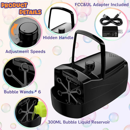 Bubble Machine, Automatic 18000+ Per Minute Big Bubbles Blower Maker for Kids Toddlers with 2 Speeds,6 Wands,Operated by Plugin or Batteries for Outdoor/Indoor Birthday Parties,Wedding (Black)