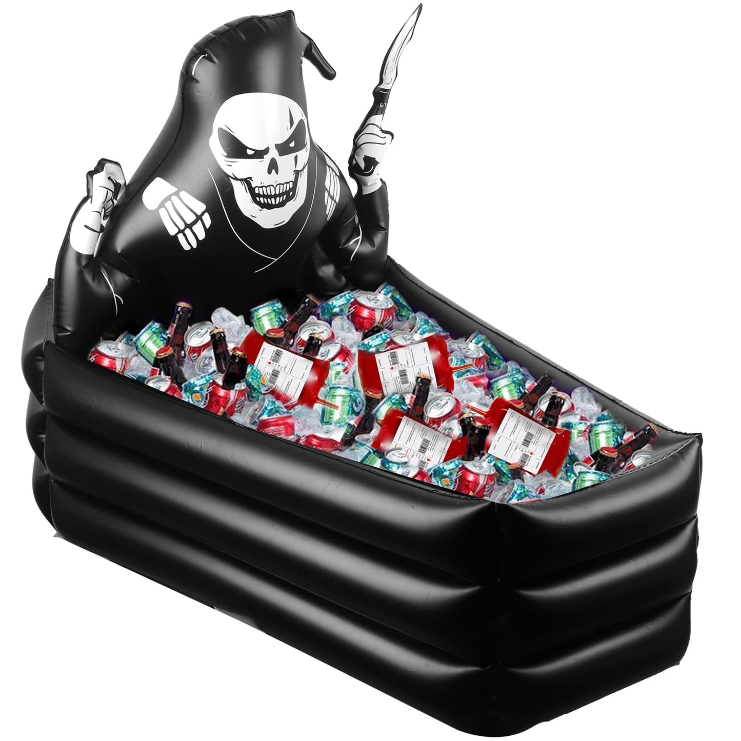 44 Inch Inflatable Grim Reaper Coffin Cooler Halloween Party Supplies 120+ Cans Large Capacity Inflatable Drink Holder for Indoor Outdoor Home Halloween Birthday Party Decorations, Black