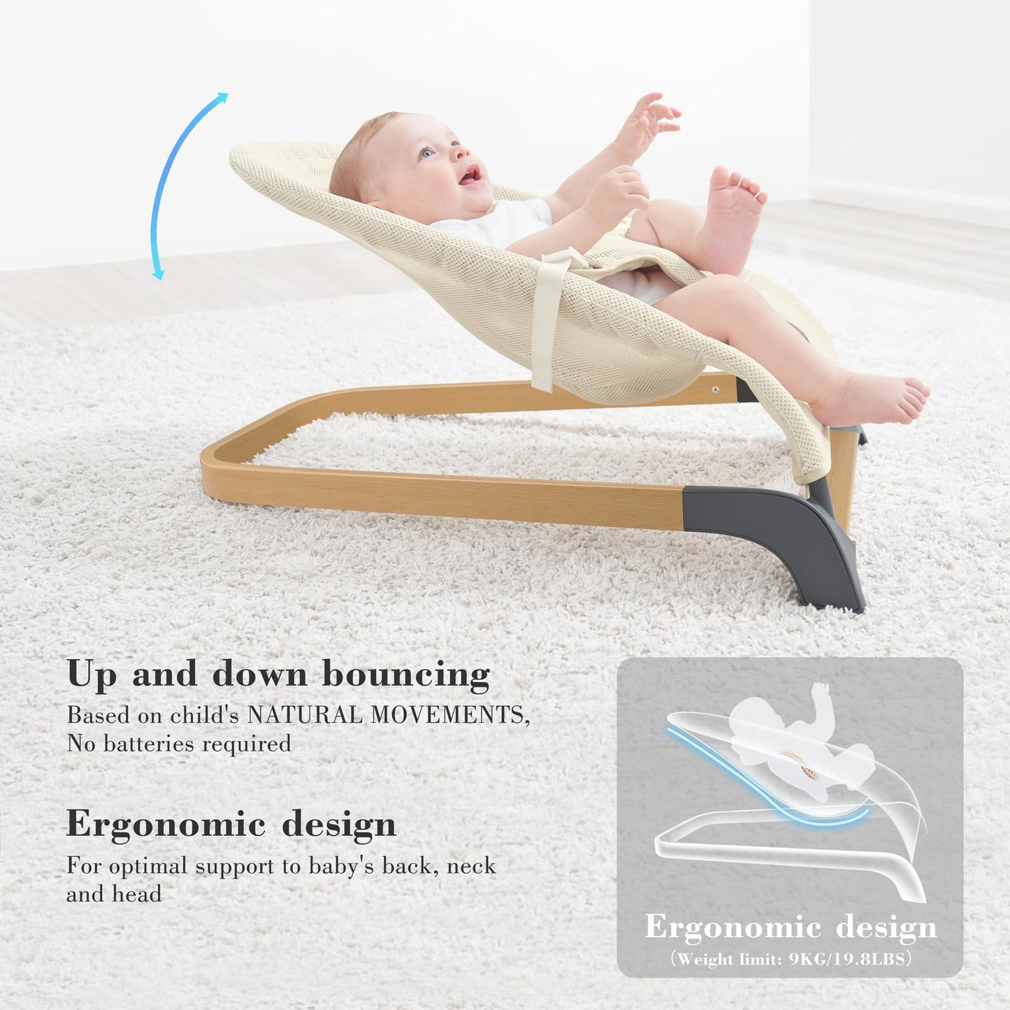ANGELBLISS Baby Bouncer, Portable Bouncer Seat for Babies, Infants Bouncy Seat with Mesh Fabric, Natural Vibrations (Beige)