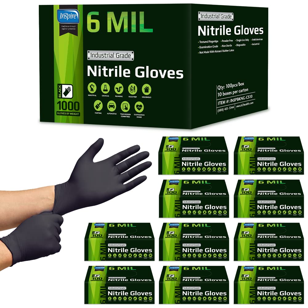 Inspire HEAVY DUTY 6Mil ORIGINAL Quality Stretch Nitrile Gloves Black Disposable Latex Free | Medical, Exam, Food, Industrial, Mechanic Tattoo (6Mil Black, Medium)