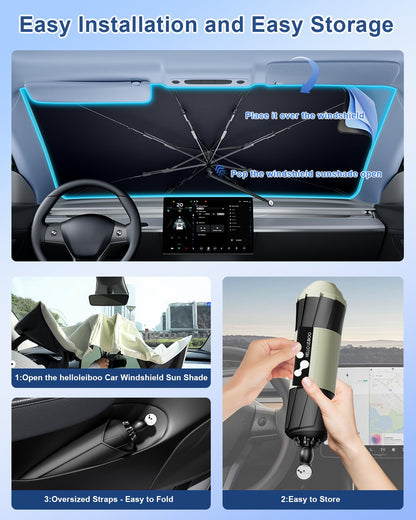 helloleiboo [2025 Upgraded] Car Windshield Sun Shade Umbrella 57"x 32" Windshield Sun Shade Foldable 5-Layer Thickened Vinyl Coating Reflective Polyester Blocks Heat & UV Rays for Medium Car Sedans