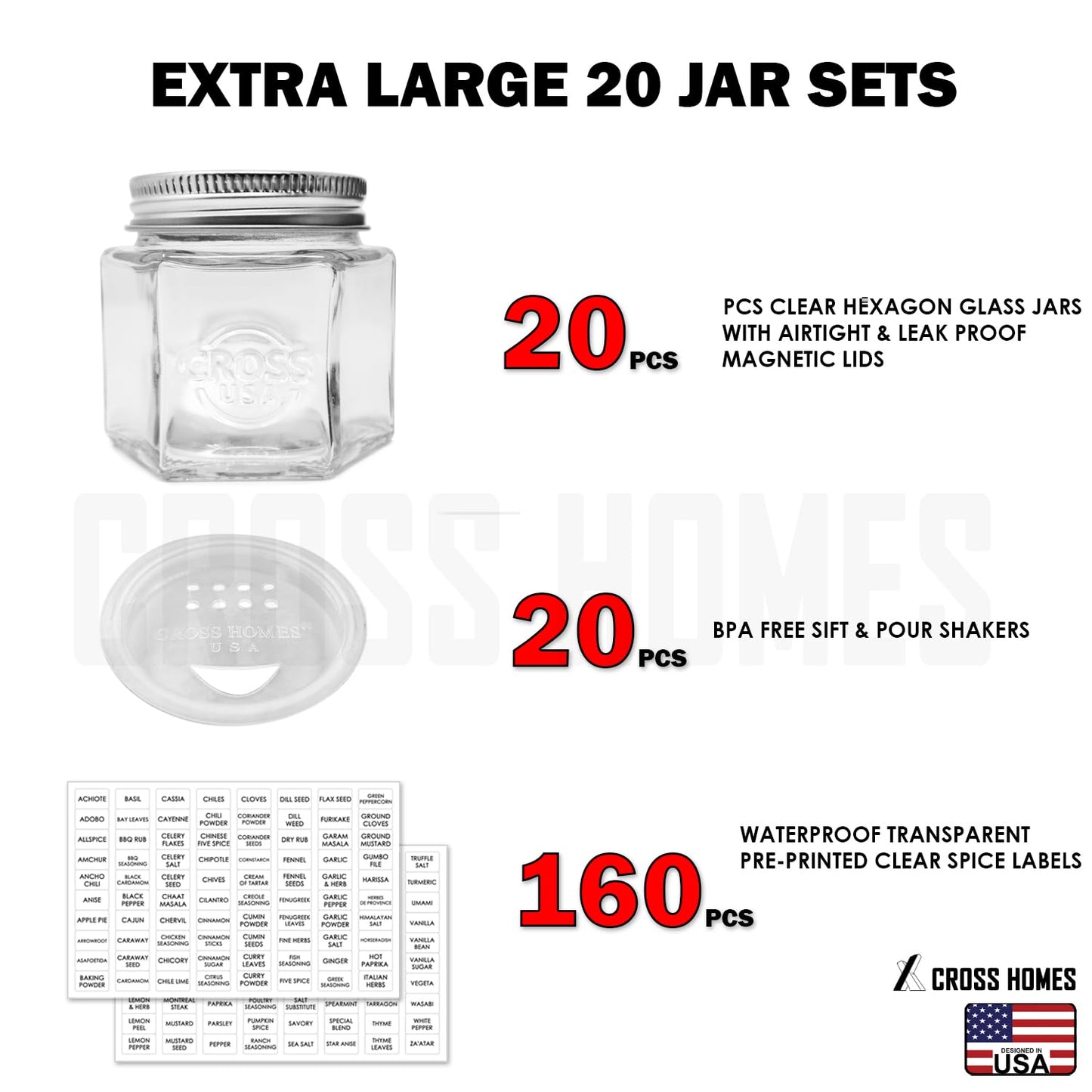 20 Set Magnetic Spice Jars Large 4 oz Refrigerator Hexagon Glass Spice Jars Magnetic Lids Shaker Spice Labels Magnet Glass Spice Containers for RV Travel Trailer Kitchen Fridge Cabinet Wall mount