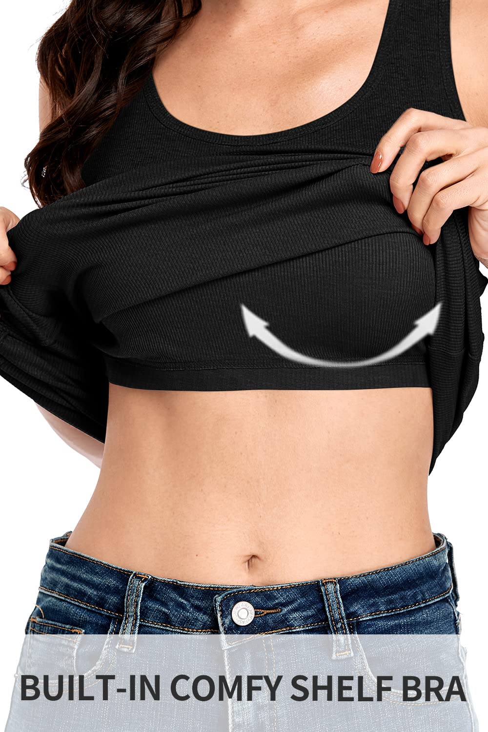 ALove Soft Extra Long Tank Cotton Women Tank Tops with Shelf Bra Black M