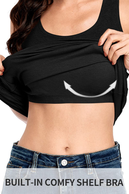 ALove Soft Extra Long Tank Cotton Women Tank Tops with Shelf Bra Black M