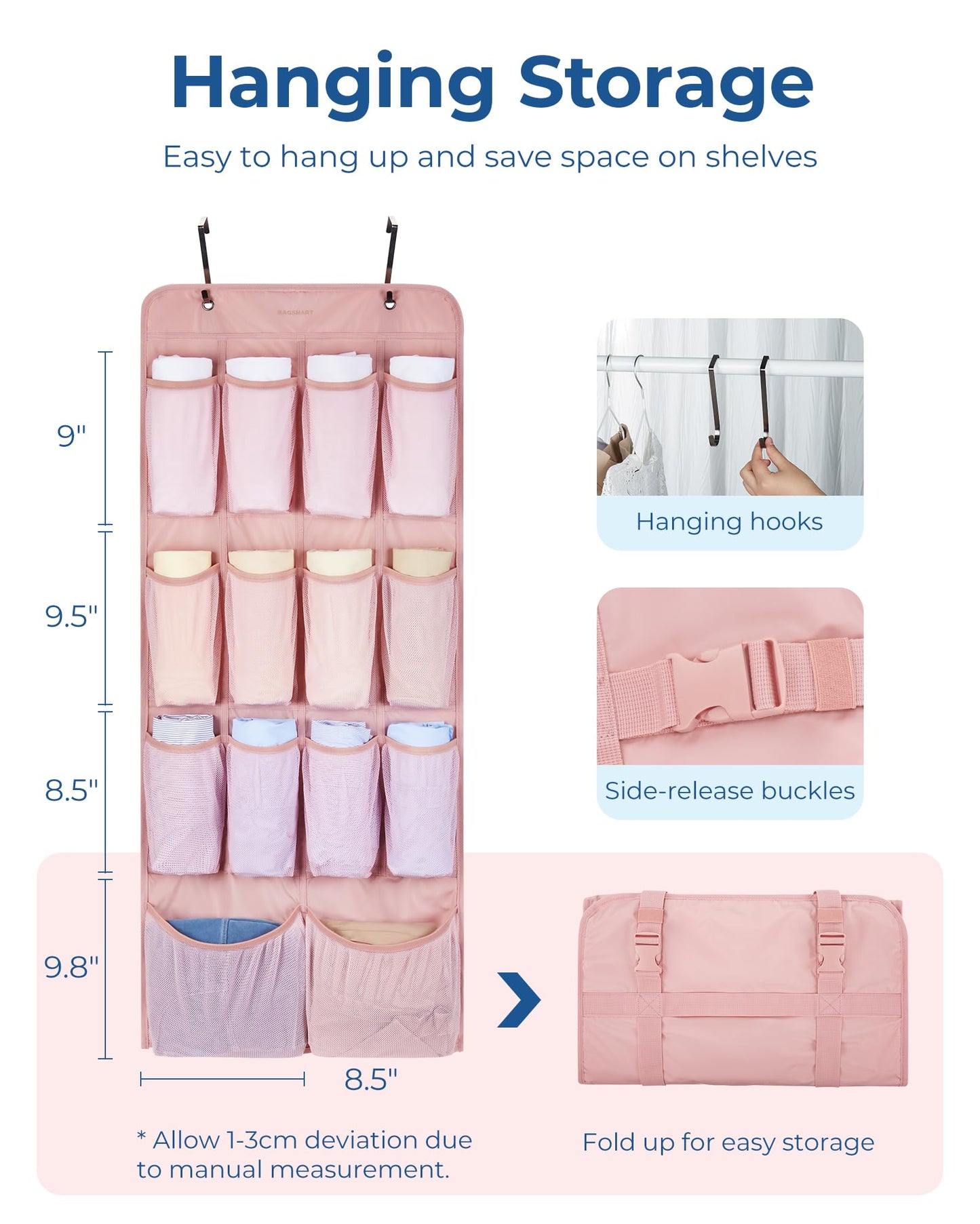 BAGSMART Hanging Compression Packing Cubes for Closet Organizers And Storage, 6 Set Suitcase Organizer Bags, Cruise Travel Essentials for Women, Baby Pink