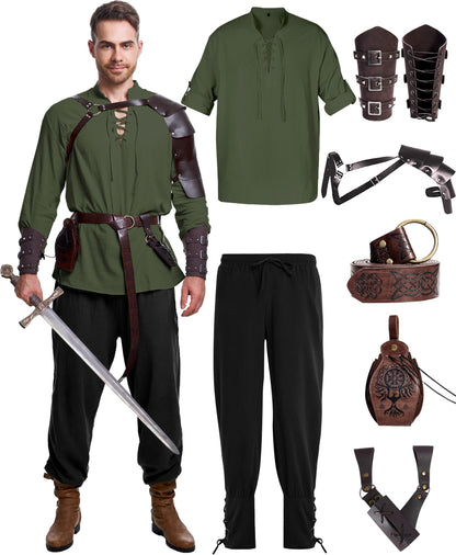 8 Pcs Men's Renaissance Costume Halloween Medieval Pirate Shirt Pant Viking Costume Accessories Set (Vivid Color, Large)