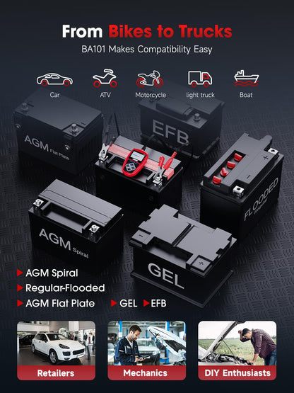 ANCEL BA101 Car Battery Tester, 12V Digital Automotive Alternator Meter Diagnostic Tool,100-2000 CCA Load Capacity, Charging & Cranking Analyzer for Truck, Boat, RV, Marine Vehicle, and More