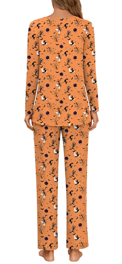 Anymeet Soft Fall Long Pajama Set Sleeve Two Piece for Women Fit Lounge Sleepwear Ladies Pjs Sets Yellow Halloween Elements Plus Size 3X-Large