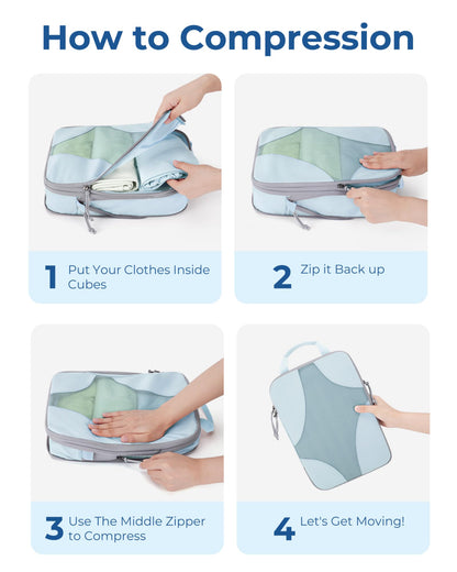 BAGSMART Compression Packing Cubes for Travel, Compressible Luggage Organizer for Cruise Ship, Lightweight Travel Essentials 6-Pack 1L+2M+2S+1Shoe Bag, Sky Blue