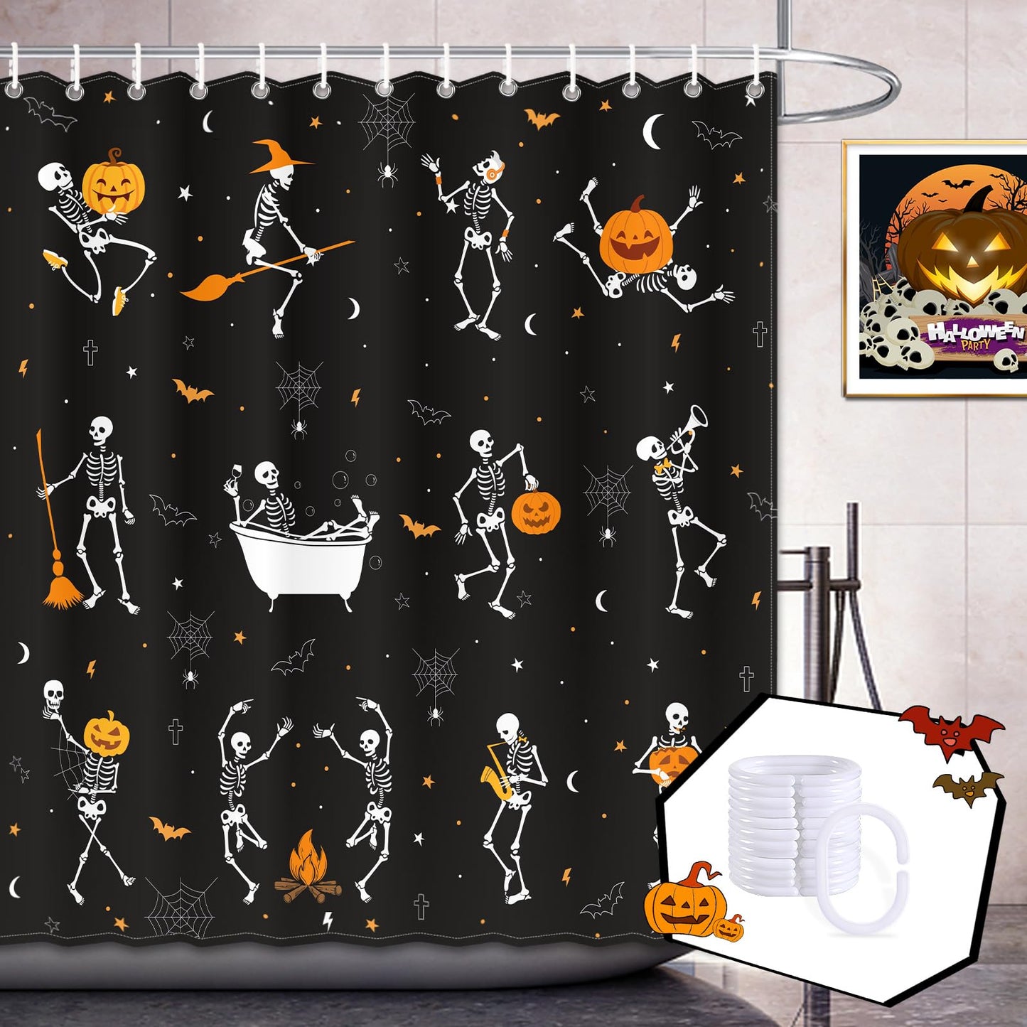 BOARDFEB Halloween Skull Shower Curtain for Bathroom 72 x 72 Inches Funny Black and White Gothic Skeleton Dance Water-Repellent Fabric Shower Curtains Pumpkins Dancing Bath Decor with 13 Hooks