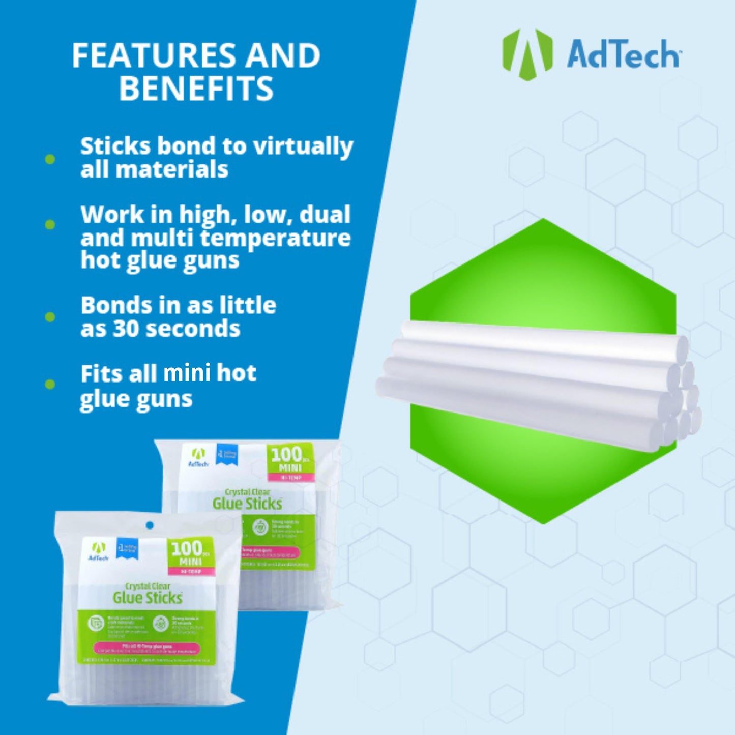 Adtech 100ct-2pk 2-100ct High Temp Mini Size Glue Sticks, 2 Pack, Clear