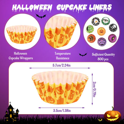 AUGSUN 800pcs Halloween Mini Cupcake Liners Paper Cups Ghost Pumpkin Spider Mini Muffin Liners for Halloween Party Candy Cupcake Decorations Supplies(8 Designs)