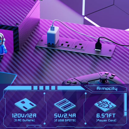 Armocity Gaming Computer Desk with Shelves and Outlets, Gaming Desk with Hutch and LED Lights, Reversible PC Gaming Desks with Pegboard, Carbon Fiber Black 47''