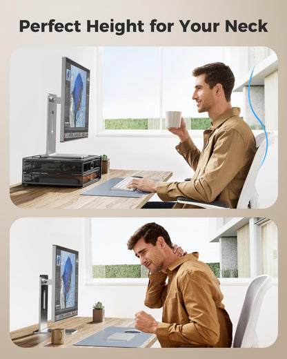 HUANUO 2 Tier Monitor Stand, Metal Monitor Riser with Drawer, Desk Organizer, Monitor Stand with Storage, Desktop Computer Stand for PC, Laptop, Printer