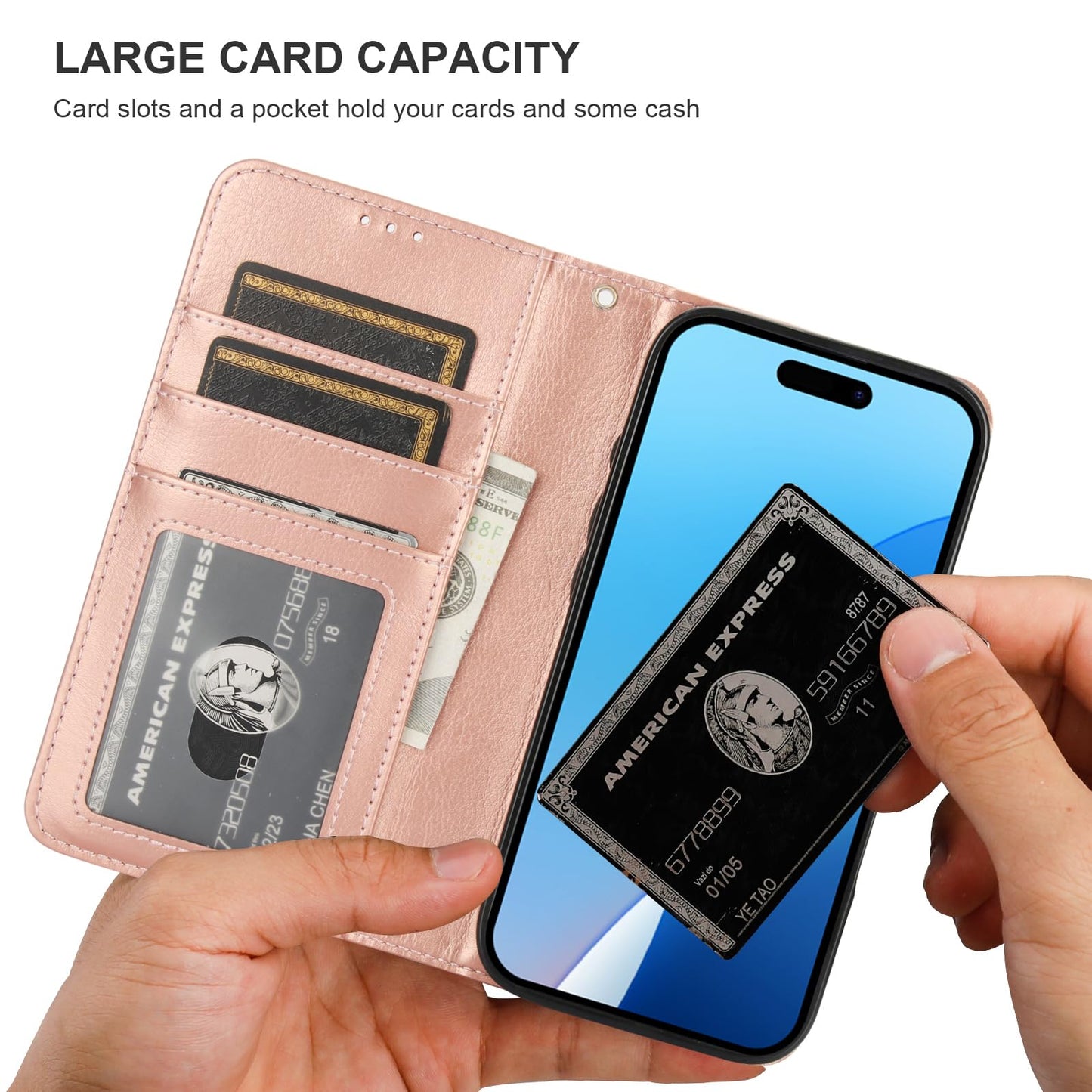 Bocasal for iPhone 16 Pro Wallet Case Compatible with MagSafe Wireless Charging, RFID Blocking Magnetic Leather Case with Card Slots Holder Kickstand Detachable Wrist Strap 6.3 Inch (Rose Gold)