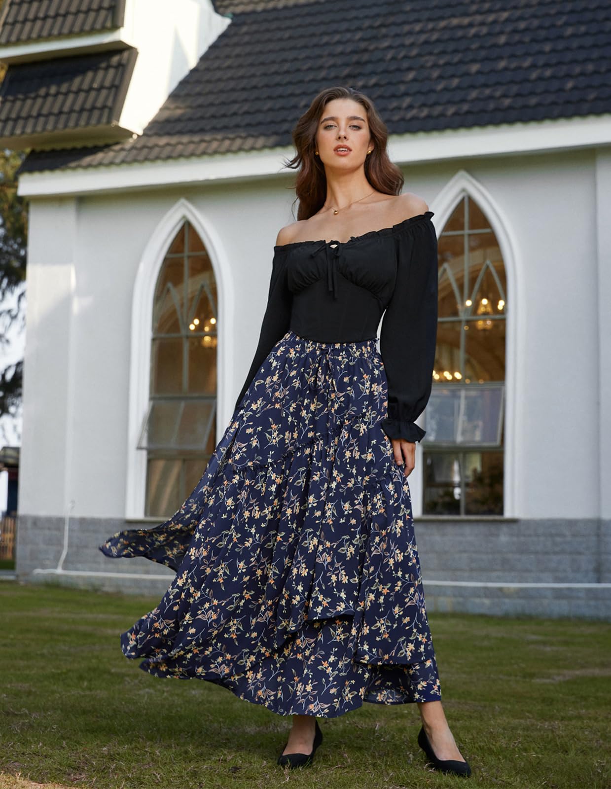 Women Floral Print Boho Skirt Elastic High Waist Long Maxi Skirts with Pockets Navy Yellow Floral L