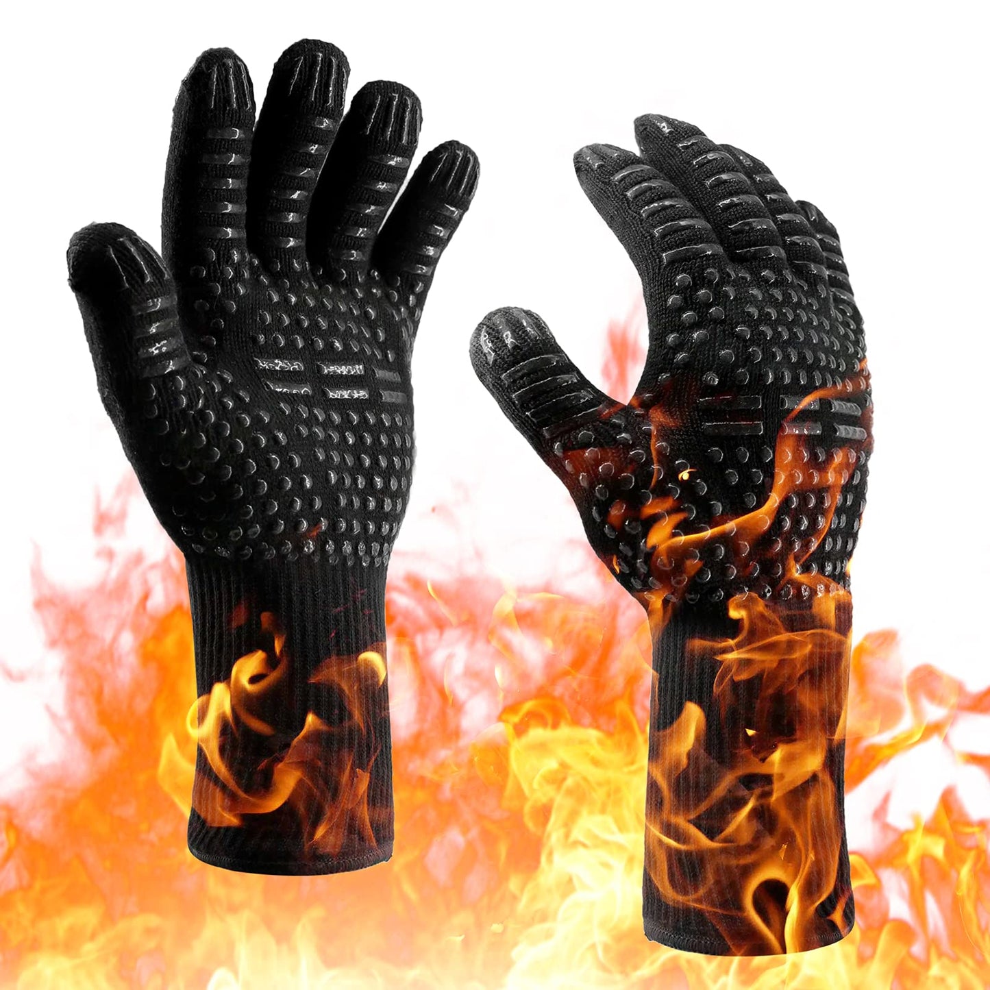 Heat Resistant BBQ Gloves for Hot Temperature Cooking, Barbecue Grilling or Baking Bread Pizza, Safe Oven Mittens with Fingers