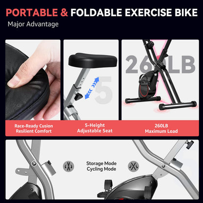 70% Pre-Assembled Exercise Bike for Small Apartments, Foldable Stationary Bikes for Home, Indoor Portable Cycling Bike with 16-Level Magnetic Resistance, 260LBS Capacity, 5.5 LBS Flywheel, for Small Space Workout 816