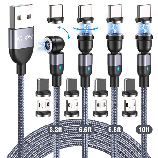 Aripps Magnetic Charging Cable 4 Pack (3.3ft/6.6ft/6.6ft/10ft), 540 Degree Rotating Magnet Phone Charger Cable, 3 in 1 Nylon Braided Magnetic USB Cable for Micro,Type C and iProduct Device
