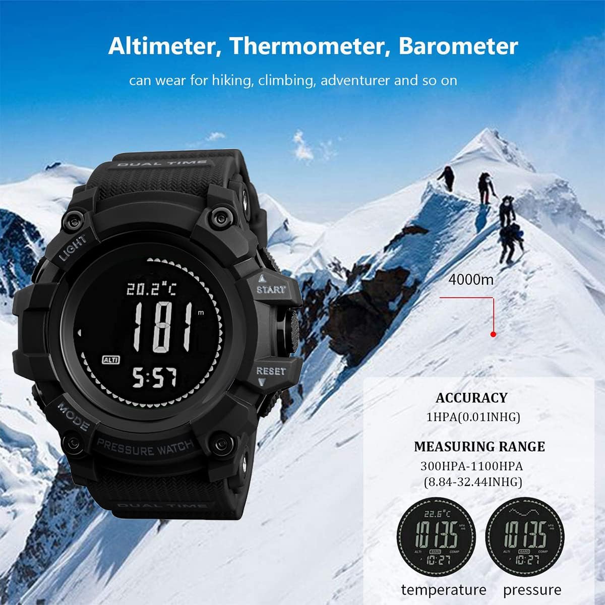 AOSLSI Watch Compass, Altimeter Barometer Thermometer Temperature, Pedometer, Military Army Waterproof Outdoors Sport Digital Watch for Men