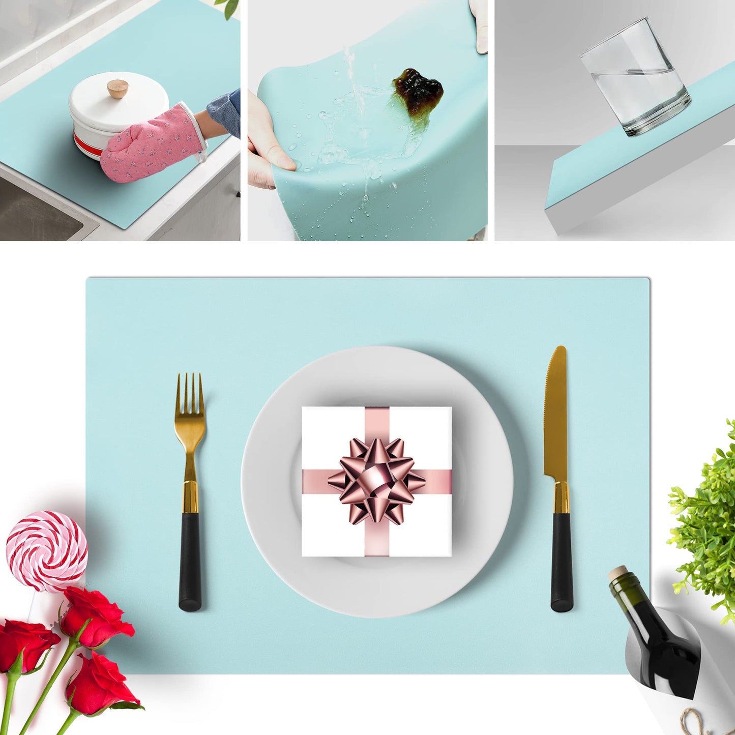 IYYI Silicone Placemats, Placemats for Kids, Placemats Set of 4 Waterproof Heat Resistant Non-Slip Placemats for Dining Table, Easy to Clean (Light Blue)