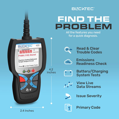 BLCKTEC 420 Bluetooth OBD2 Scanner Diagnostic Tool - Vehicle Code Reader for Car - Clears Check Engine Light - Comes with Premium OBD App On IOS & Android - Works For All Cars 1996 & Newer
