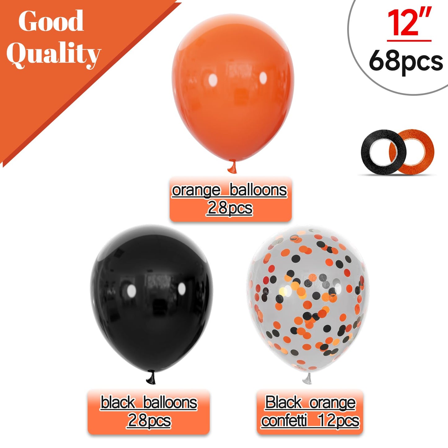 68Pcs Black and Orange Balloons, 12 inch Orange Black Latex Balloon Set with Confetti Ribbons Reusable, Fade-Resistant for Halloween, Graduation Spooky Party Decorations.