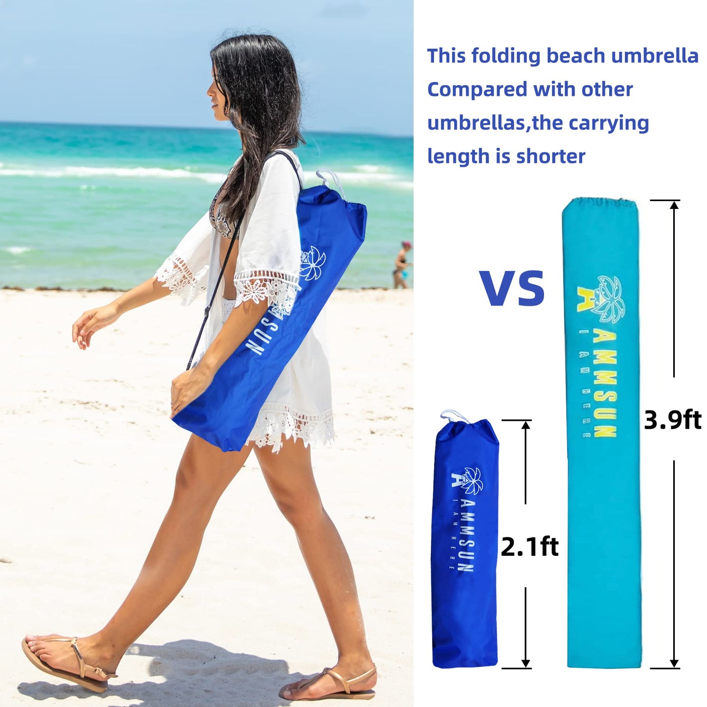 AMMSUN 6ft Folded Portable Travel Beach Umbrella with Sand Anchor Tilt Air vent UPF 50+UV Protection Fit In Suitcase Compact Foldable Telescopic umbrellas for Patio Garden Beach Pool Blue