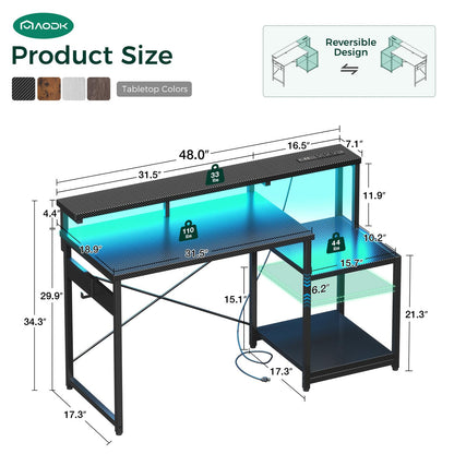 AODK Computer Desk, 48 Inch Gaming Desk with Led Lights & Power Outlet, Office Desk with Printer Storage Shelves, Reversible Desk with Monitor Shelf & Headphone Hook, Carbon Fiber Black