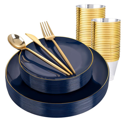 bUCLA 150PCS Blue and Gold Plastic Plates - 25 Guests Navy Blue Plastic Dinnerware Disposable for Party - Include 25 Dinner/Dessert Plates, 25 Knives, 25 Forks, 25 Spoons, 25 Cups