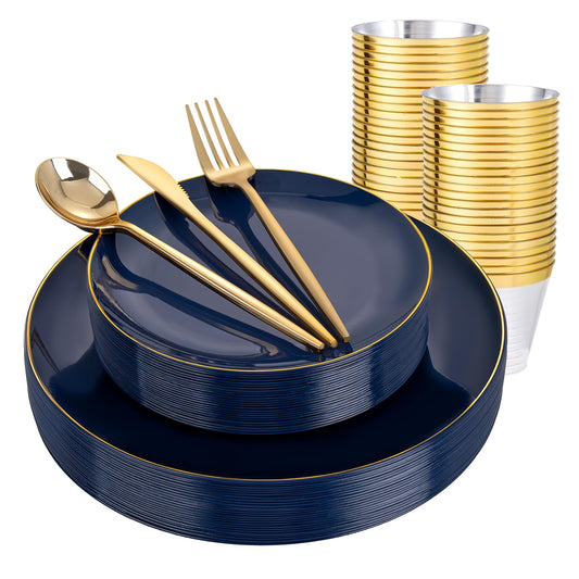 bUCLA 150PCS Blue and Gold Plastic Plates - 25 Guests Navy Blue Plastic Dinnerware Disposable for Party - Include 25 Dinner/Dessert Plates, 25 Knives, 25 Forks, 25 Spoons, 25 Cups
