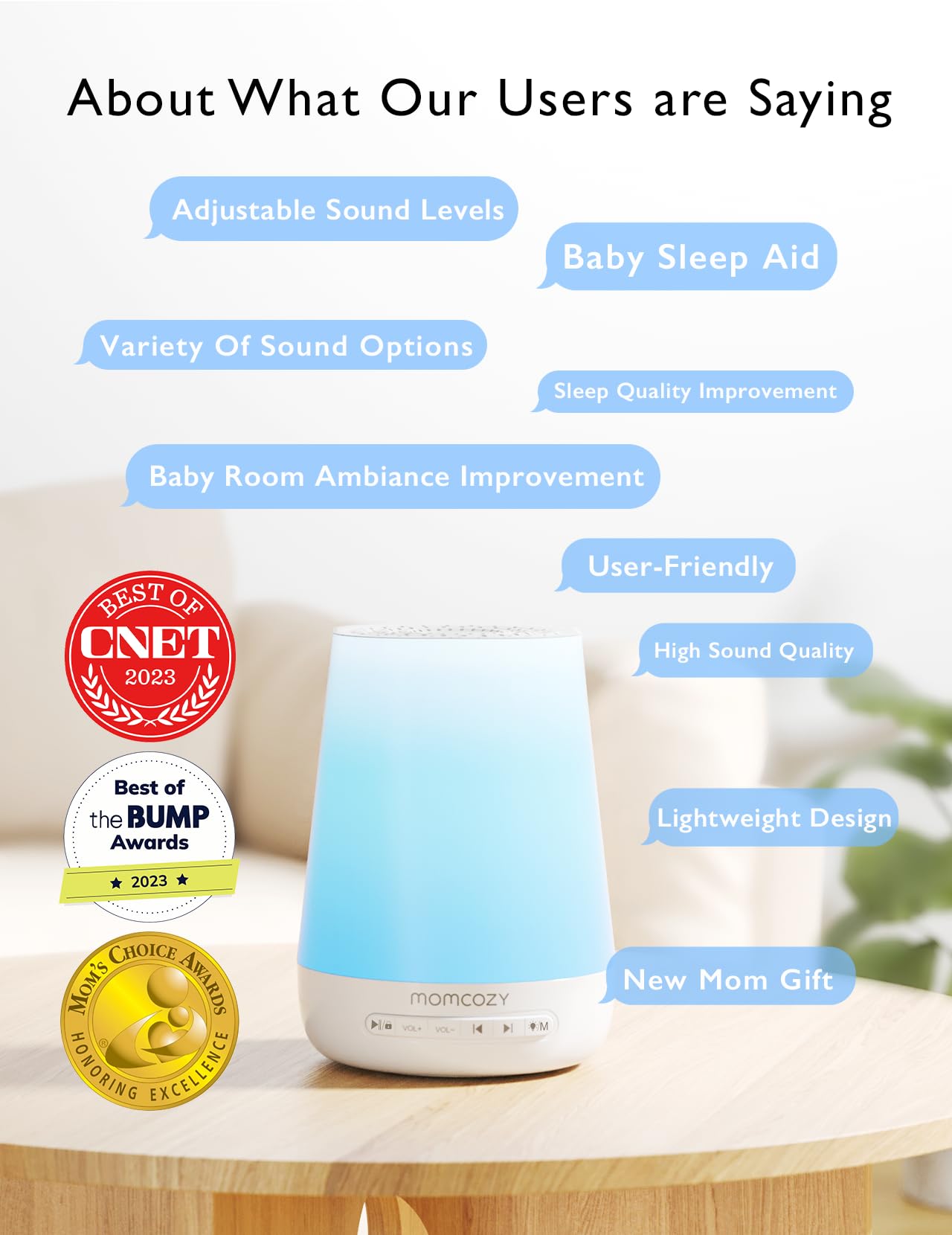 Baby Sound Machine, Momcozy White Noise Machine for Baby Sleeping with Night Light, Toddler Sleep Trainer with 34 Soothing Sounds, Timer, App Remote Control, Personal Sleep Routine (Blue)