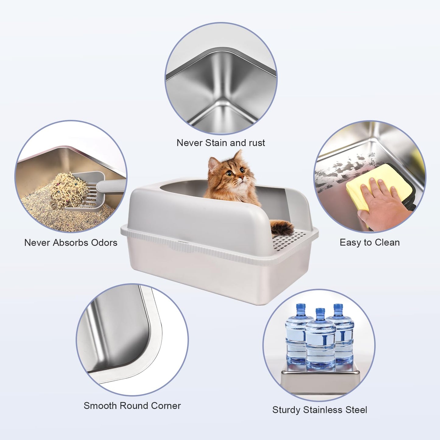 Henkelion Stainless Steel Cat Litter Box with Lid, 20" L x 14.2" W x 11.8" H, Extra Large Litter Box for Big Cats with High Sided, Anti-Urine Leakage, Easy Cleaning, Include Cat Mat and Scoop