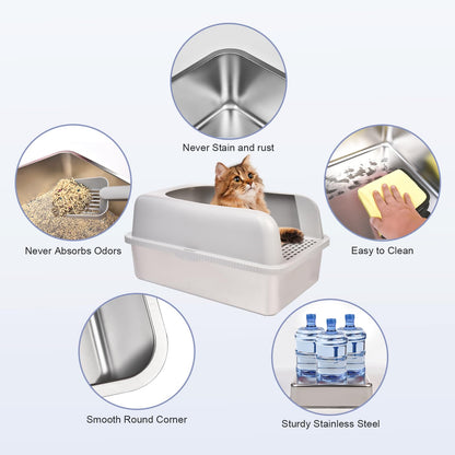 Henkelion Stainless Steel Cat Litter Box with Lid, 20" L x 14.2" W x 11.8" H, Extra Large Litter Box for Big Cats with High Sided, Anti-Urine Leakage, Easy Cleaning, Include Cat Mat and Scoop