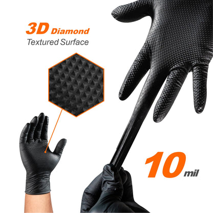 ANBOSON 10mil Nitrile-Gloves Disposable-Black Chemical-Resistant Rubber - Mechanic Gloves Heavy Duty, Latex Free, Diamond Grip (100, Large)