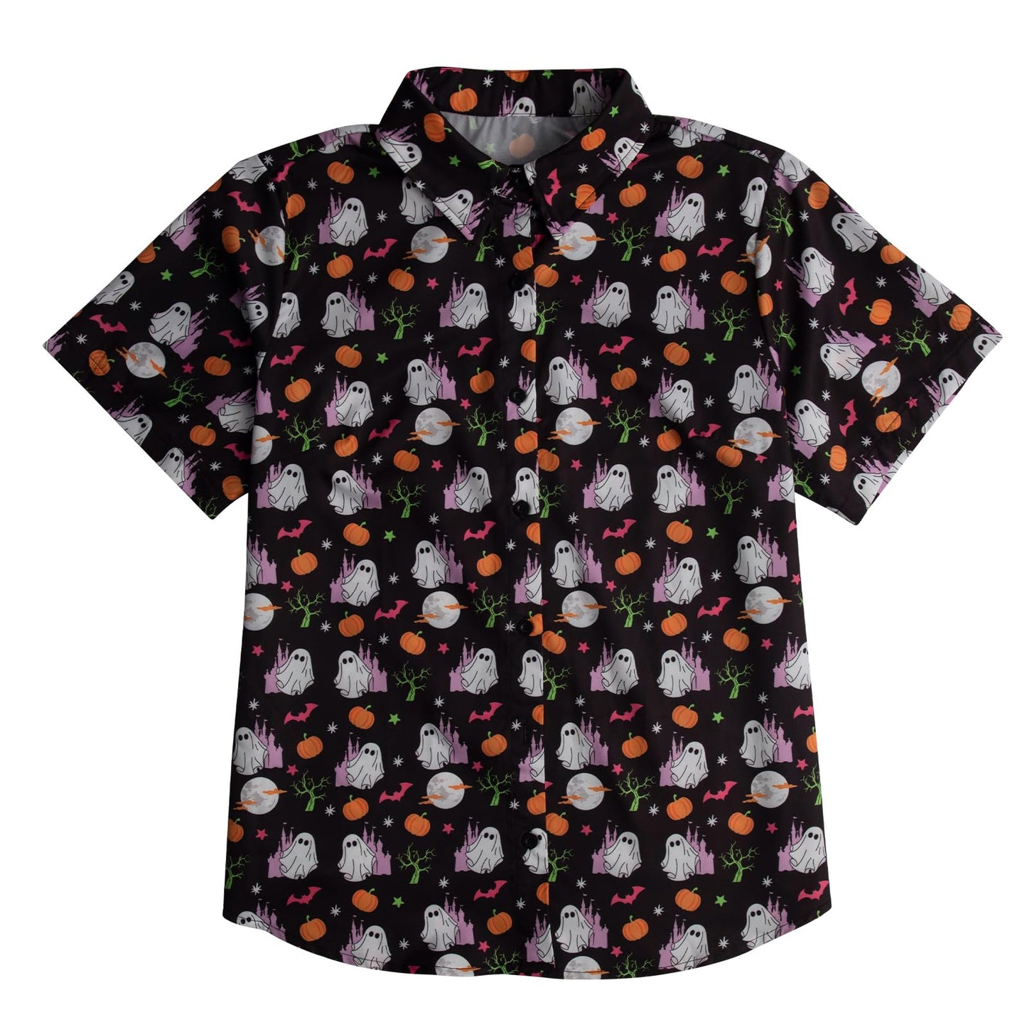 Womens Halloween Hawaiian Shirt Cute Pumpkin Spooky Castle Graphic Tee Magical Halloween Short Sleeve Button Up Tops
