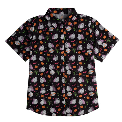 Womens Halloween Hawaiian Shirt Cute Pumpkin Spooky Castle Graphic Tee Magical Halloween Short Sleeve Button Up Tops