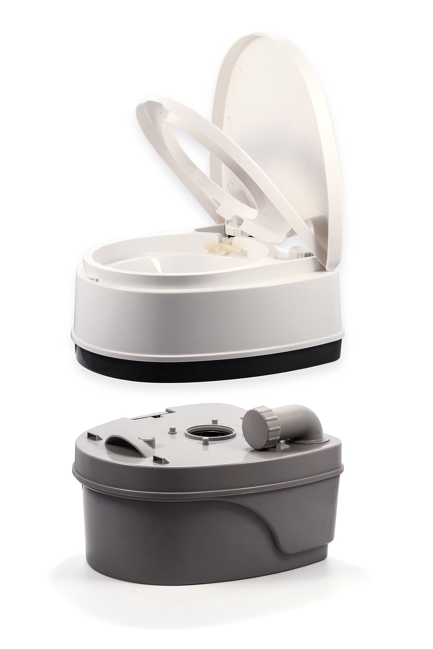 Camco Premium Portable Travel Toilet With Three Directional Flush and Swivel Dumping Elbow | Designed for Camping, RV, Boating And Other Recreational Activities - (5.3 gallon) (41545),White