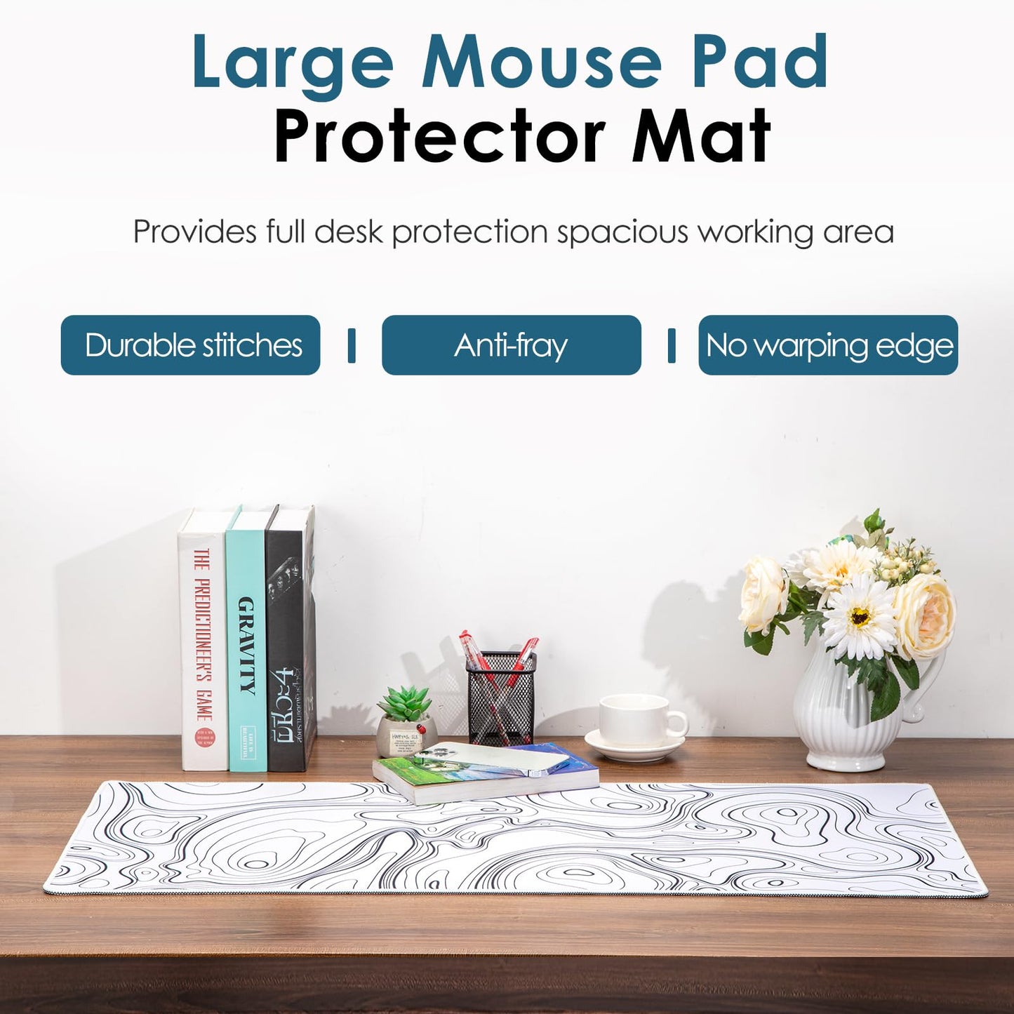 Black and White Large Gaming Mousepad - Extended Contour Topography Mouse Mat for Home and Office,Laptop Keyboard Mat with Non-Slip Rubber Base, Stitched Edges (35.43x15.75 x0.12, Not Waterproof)