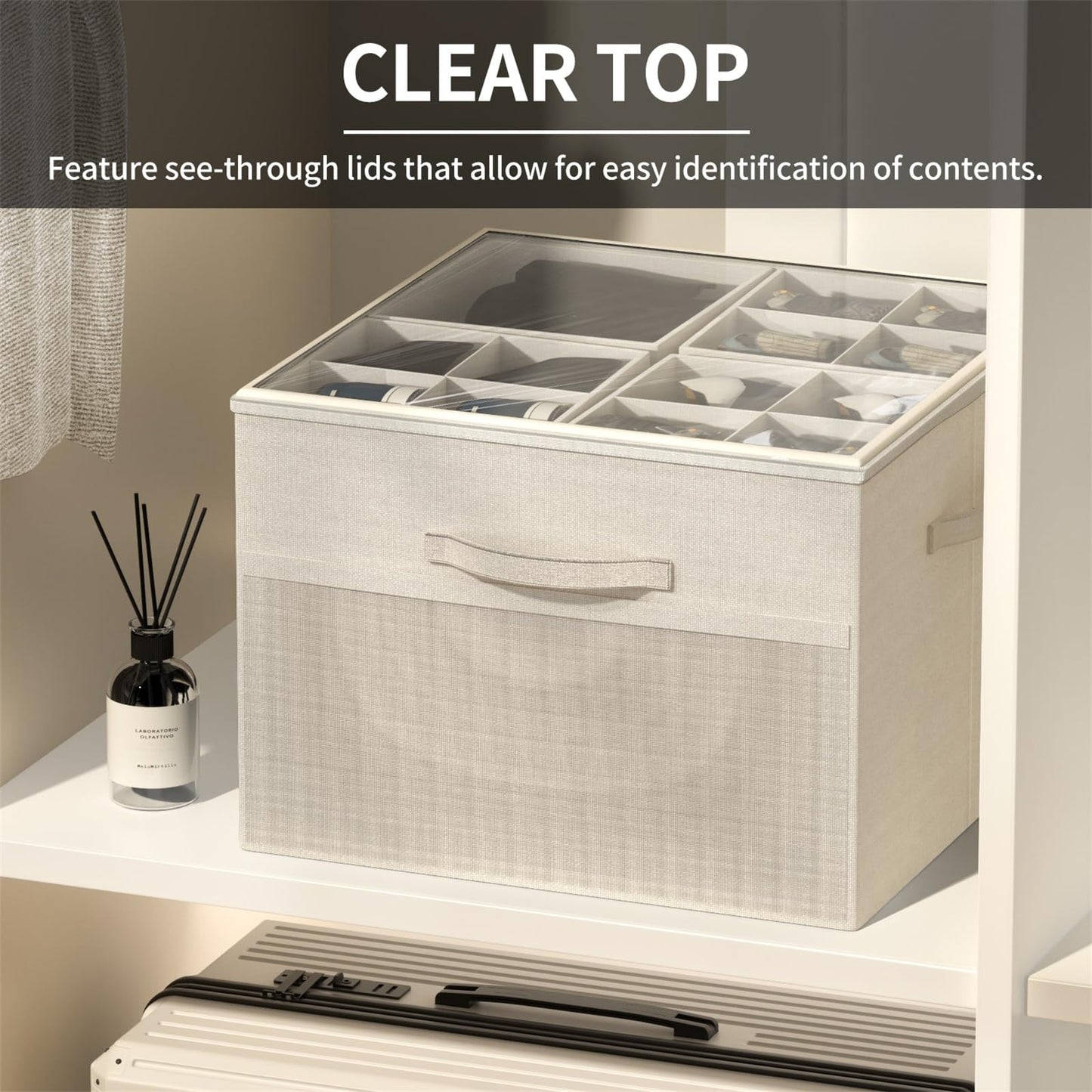 Aokeyee Shoe Organizer for Closet,2 Pack Foldable Shoe Storage Organizer Box Bin with Adjustable Dividers and Clear Cover, Fits up to 16-32 Pairs (Beige)