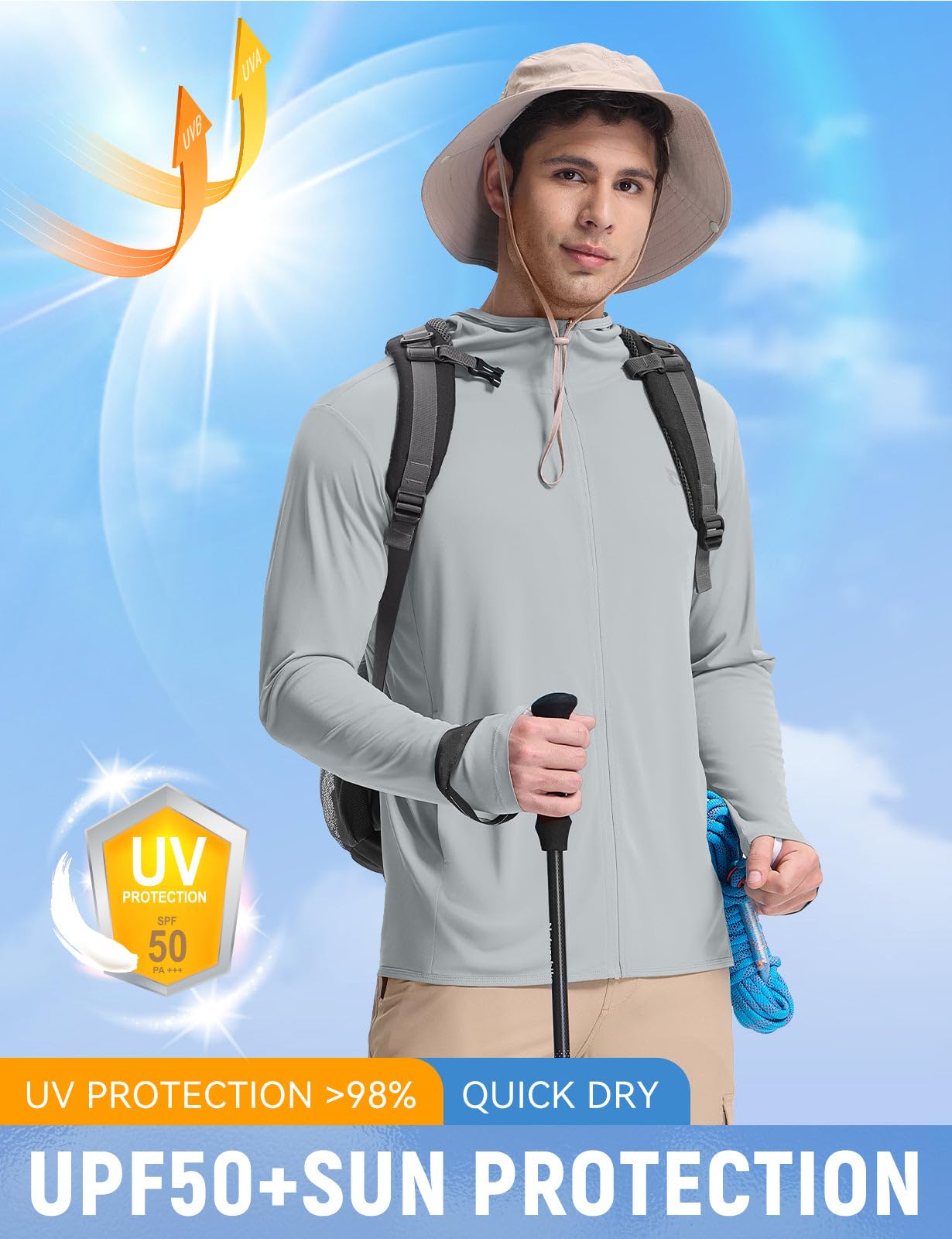 baleaf Men's UPF 50+ Sun Protection Hoodie Full Zip Jacket Lightweight Long Sleeve Cooling Shirts Pockets Hiking Fishing Light Gray M