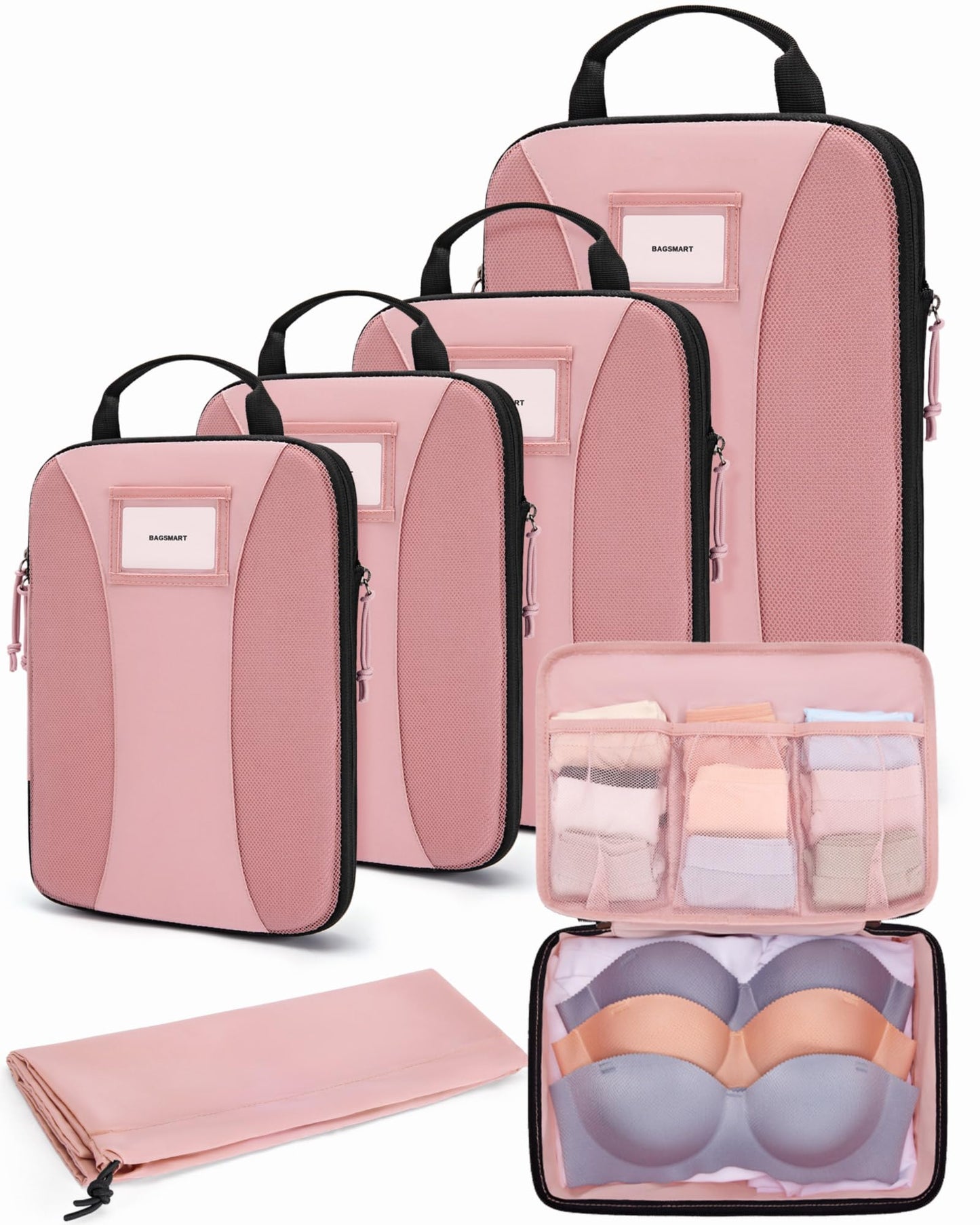 BAGSMART Compression Packing Cubes, 6 PCS Packing Cubes for Suitcases, Travel Bags Organizer for Luggage, Lightweight Packing Cube for Travel Essentials, Pink