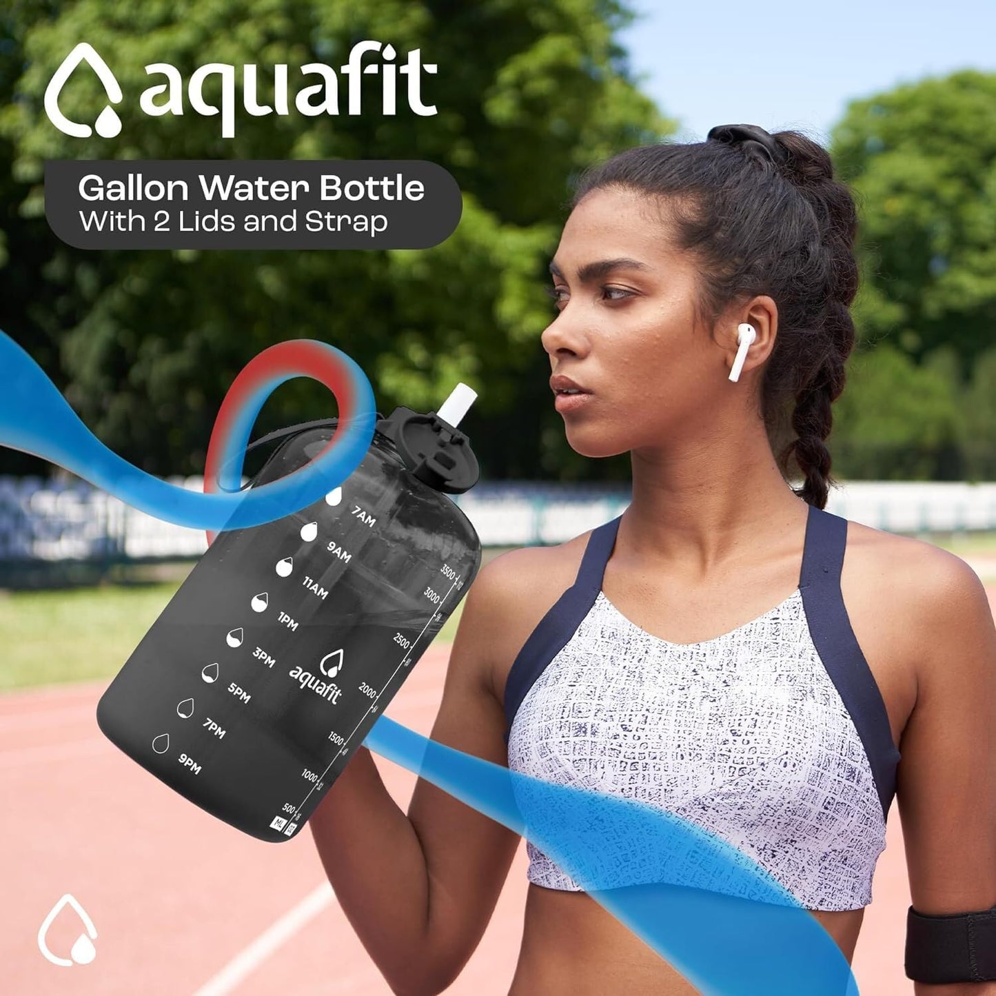 AQUAFIT 1 Gallon Water Bottle with Time Marker - Straw & Chug Lid - BPA Free Gym Water Bottle with Straw - Big Gallon Jug (Gray, 128 oz - 2 Lids)