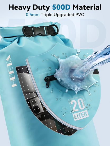HEETA Waterproof Dry Bag with Front Zippered Pocket for Women Men, 5L/10L/20L/30L/40L Roll Top Lightweight Dry Storage Bag Backpack for Travel, Kayaking, Boating, Rafting, Camping, Beach (Blue, 5L)